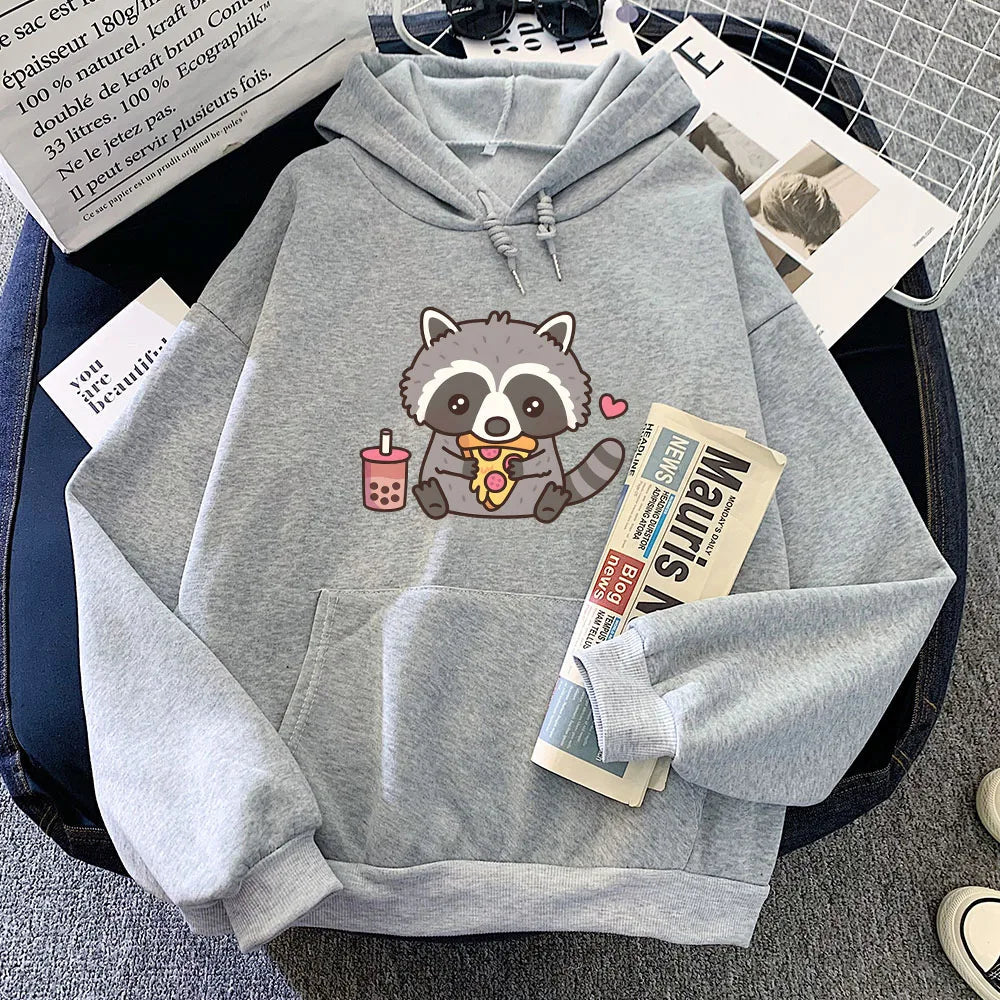 kawaiies-softtoys-plushies-kawaii-plush-Cute Raccoon Eating Bubble Milk Tea and Pizza Unisex Hoodies Apparel Gray XS 