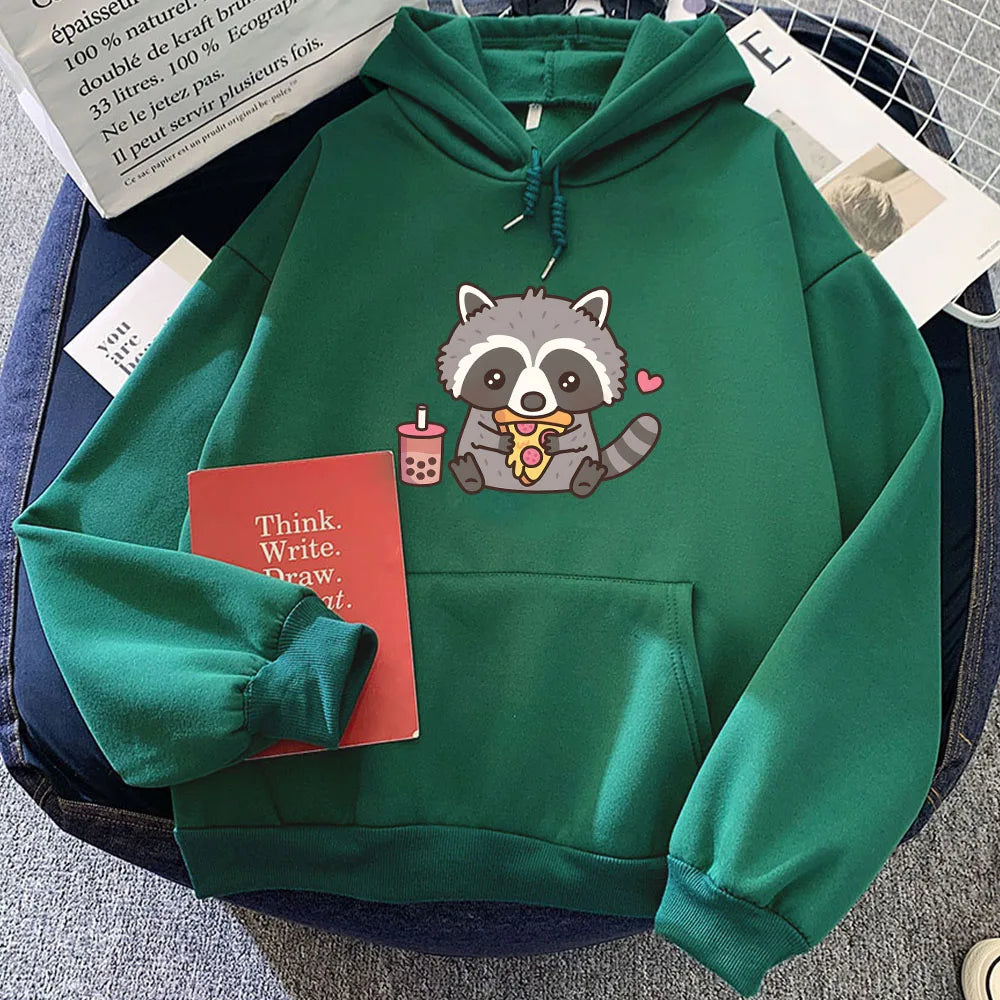 kawaiies-softtoys-plushies-kawaii-plush-Cute Raccoon Eating Bubble Milk Tea and Pizza Unisex Hoodies Apparel Green XL 