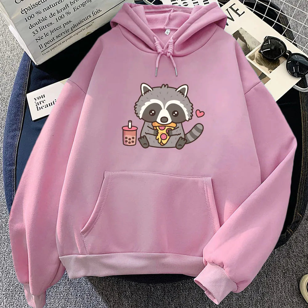 kawaiies-softtoys-plushies-kawaii-plush-Cute Raccoon Eating Bubble Milk Tea and Pizza Unisex Hoodies Apparel Pink L 