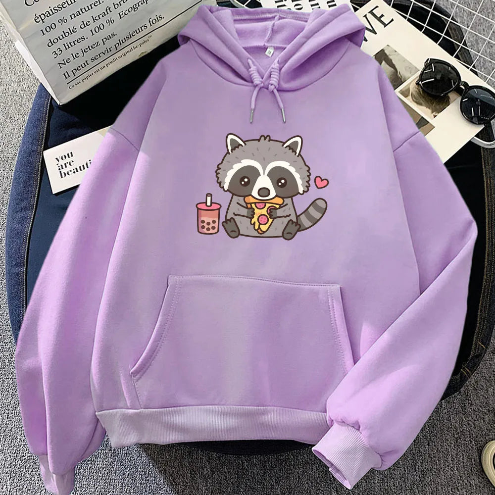 kawaiies-softtoys-plushies-kawaii-plush-Cute Raccoon Eating Bubble Milk Tea and Pizza Unisex Hoodies Apparel Purple XXL 