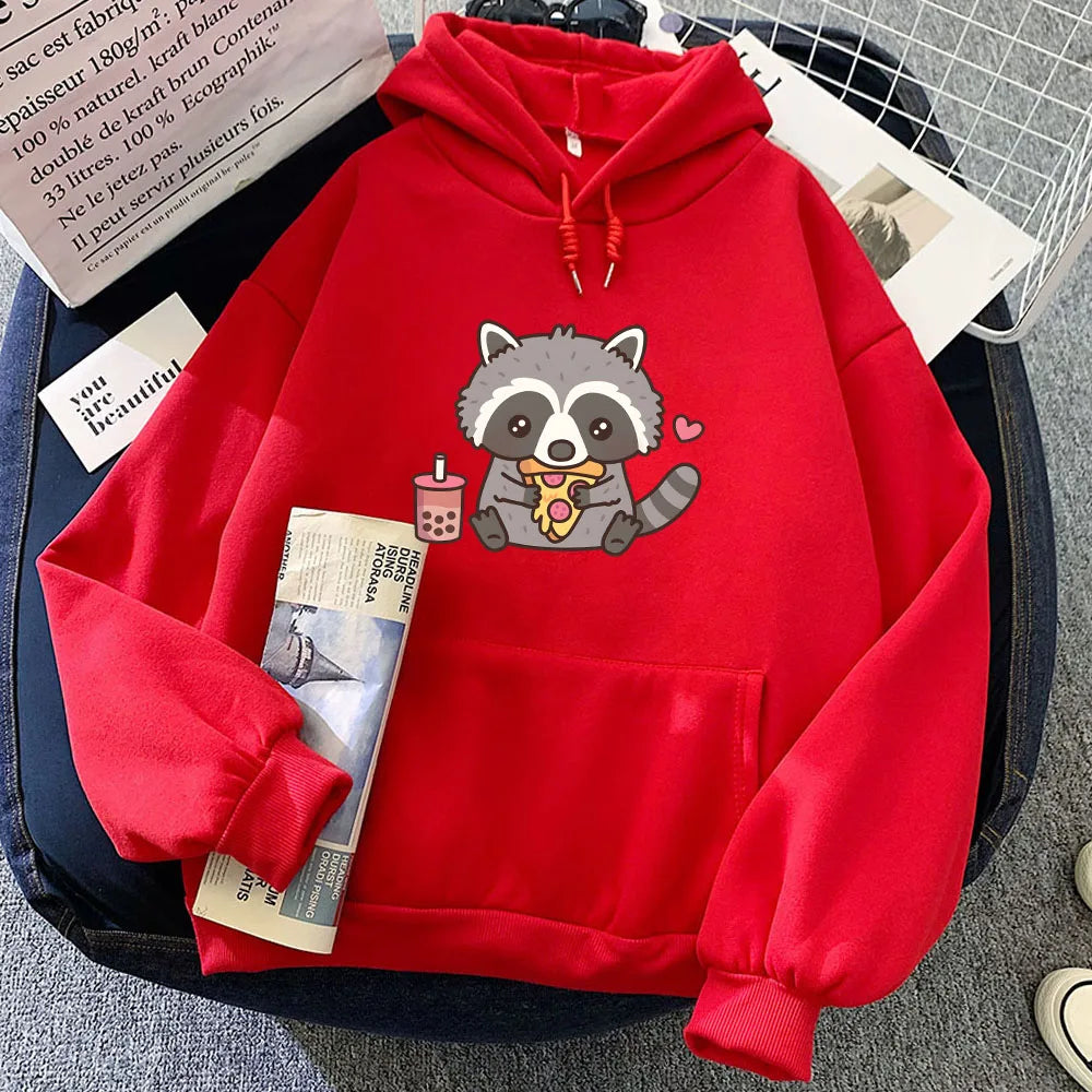 kawaiies-softtoys-plushies-kawaii-plush-Cute Raccoon Eating Bubble Milk Tea and Pizza Unisex Hoodies Apparel Red S 