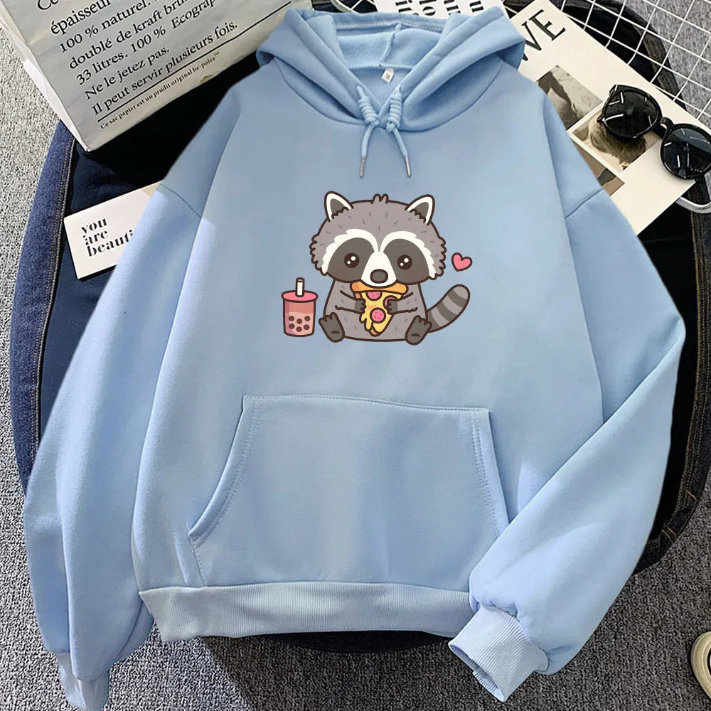 kawaiies-softtoys-plushies-kawaii-plush-Cute Raccoon Eating Bubble Milk Tea and Pizza Unisex Hoodies Apparel Sky Blue XS 