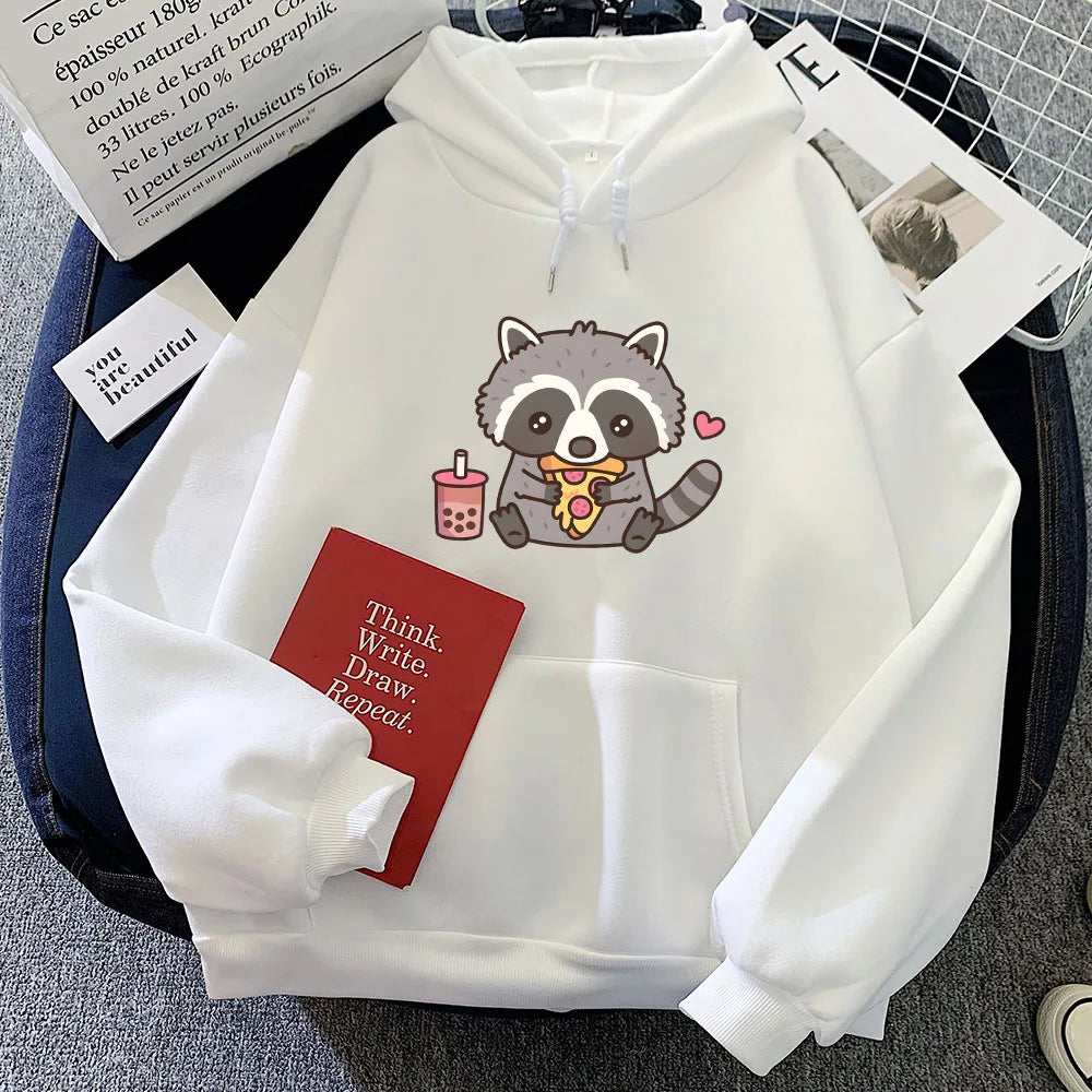 kawaiies-softtoys-plushies-kawaii-plush-Cute Raccoon Eating Bubble Milk Tea and Pizza Unisex Hoodies Apparel White XS 