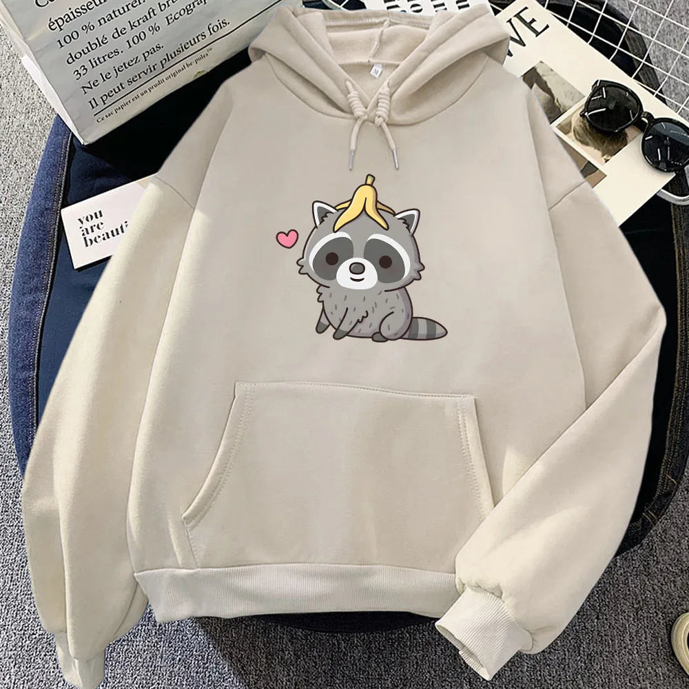 kawaiies-softtoys-plushies-kawaii-plush-Cute Raccoon with Banana Peel Unisex Hoodie Apparel Cream XS 