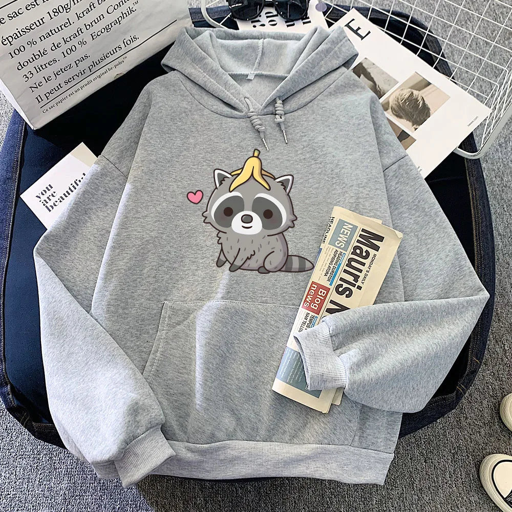 kawaiies-softtoys-plushies-kawaii-plush-Cute Raccoon with Banana Peel Unisex Hoodie Apparel Gray XS 