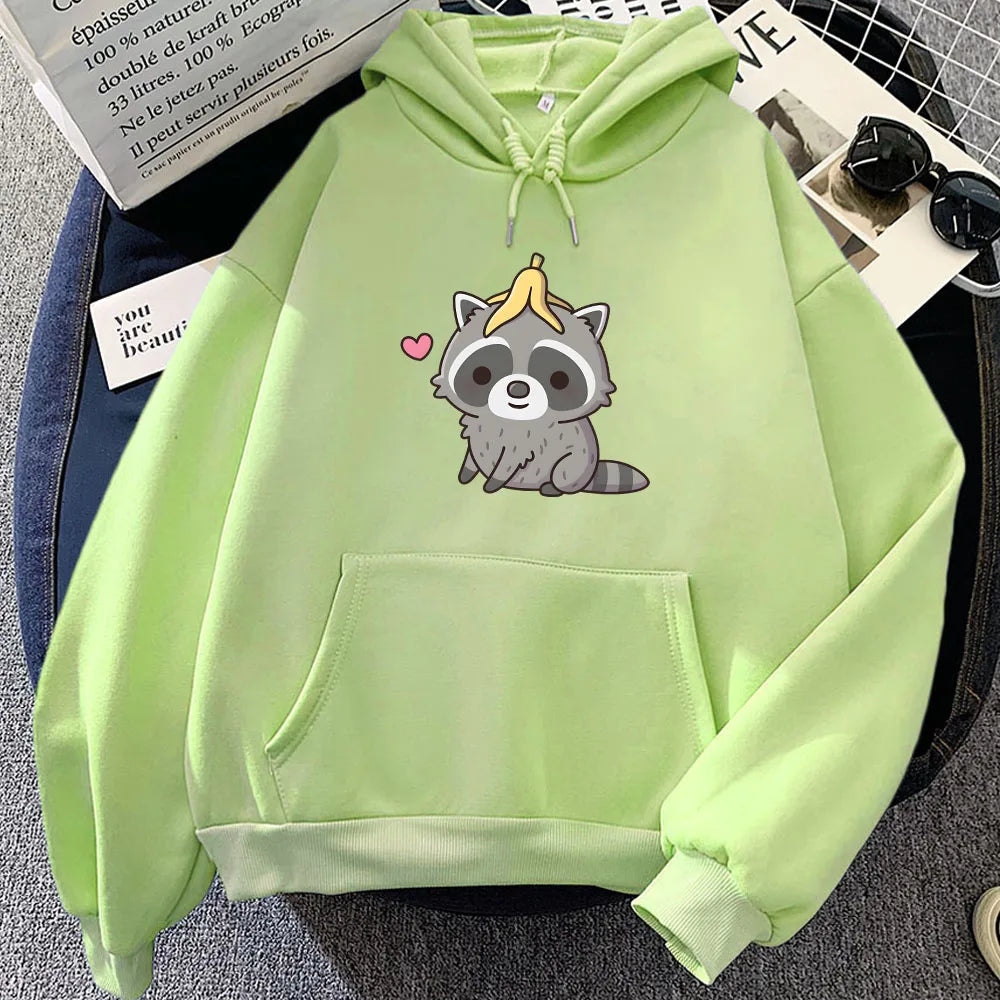 kawaiies-softtoys-plushies-kawaii-plush-Cute Raccoon with Banana Peel Unisex Hoodie Apparel Lime XS 