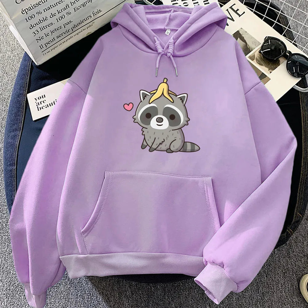 kawaiies-softtoys-plushies-kawaii-plush-Cute Raccoon with Banana Peel Unisex Hoodie Apparel Purple XS 