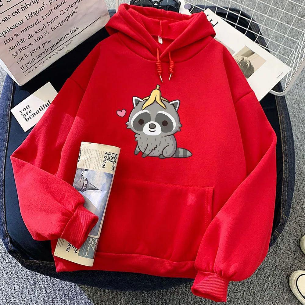 kawaiies-softtoys-plushies-kawaii-plush-Cute Raccoon with Banana Peel Unisex Hoodie Apparel Red XS 