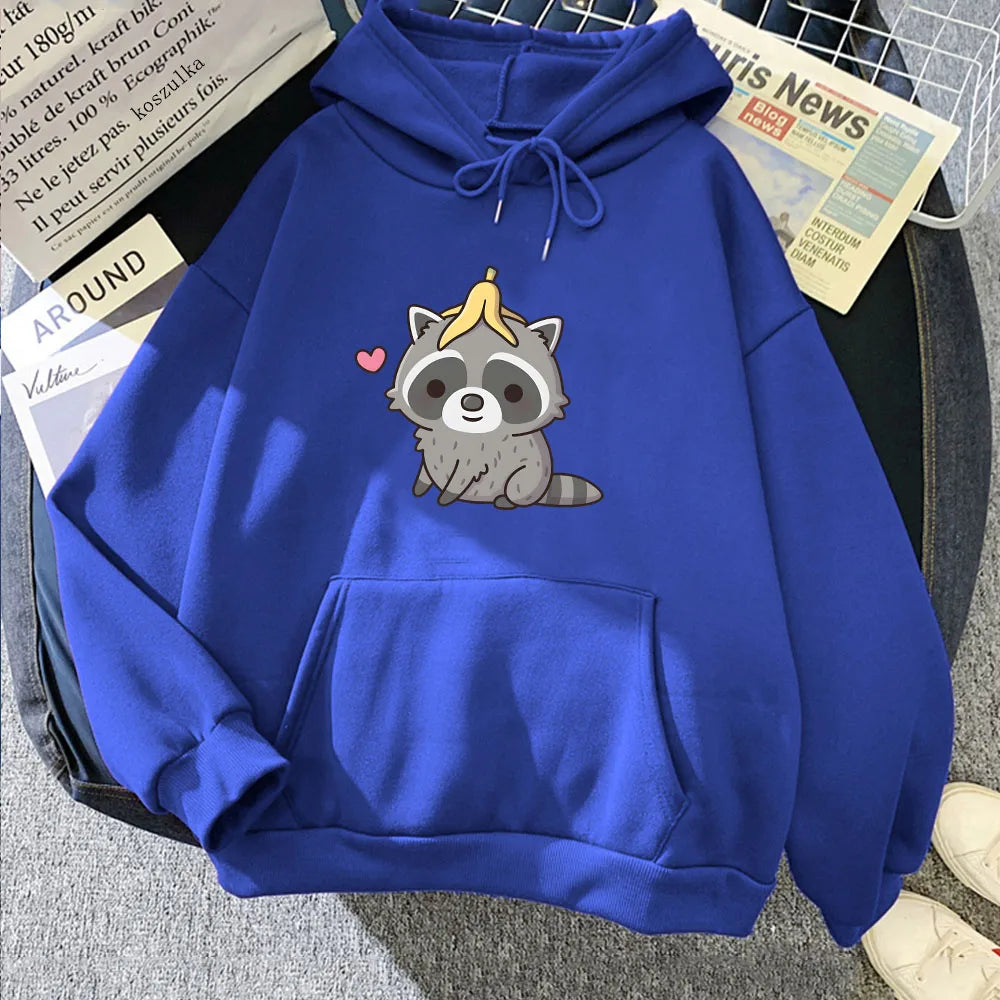 kawaiies-softtoys-plushies-kawaii-plush-Cute Raccoon with Banana Peel Unisex Hoodie Apparel Royal Blue XS 