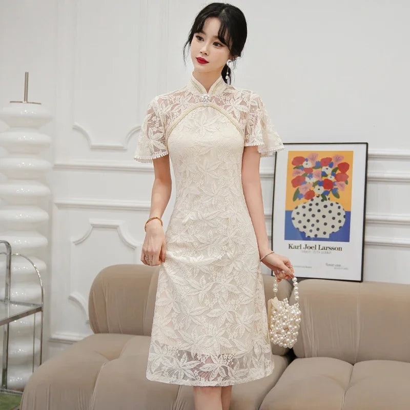 kawaiies-softtoys-plushies-kawaii-plush-Dainty Lace Chinese Traditional Qipao Cheongsam Dress Apparel Cream S 