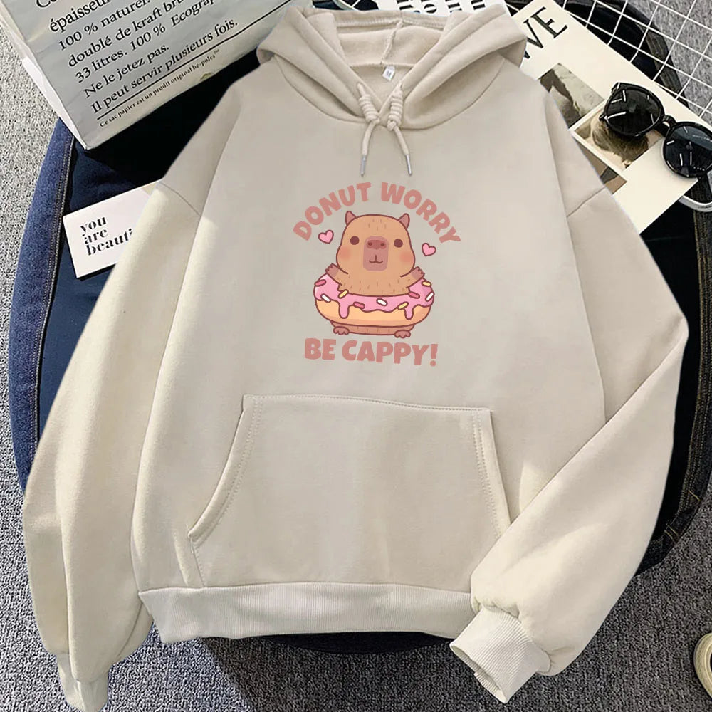 kawaiies-softtoys-plushies-kawaii-plush-Don't Worry Be Cappy Capybara Donut Unisex Hoodie Hoodies Cream XS 