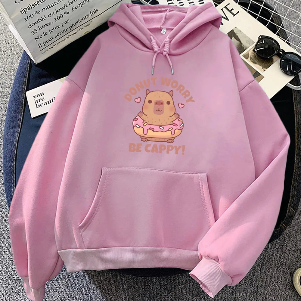 kawaiies-softtoys-plushies-kawaii-plush-Don't Worry Be Cappy Capybara Donut Unisex Hoodie Hoodies Pink XS 