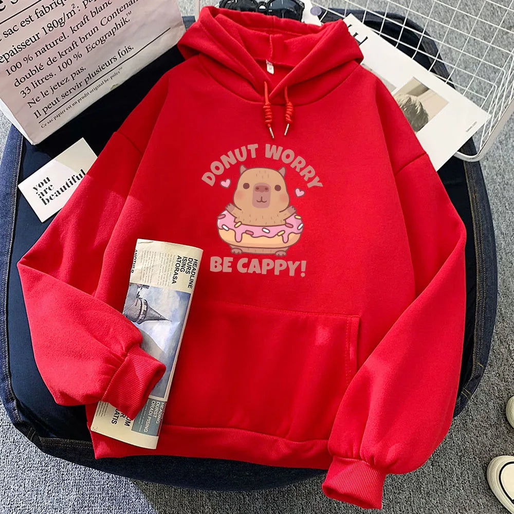 kawaiies-softtoys-plushies-kawaii-plush-Don't Worry Be Cappy Capybara Donut Unisex Hoodie Hoodies Red XS 