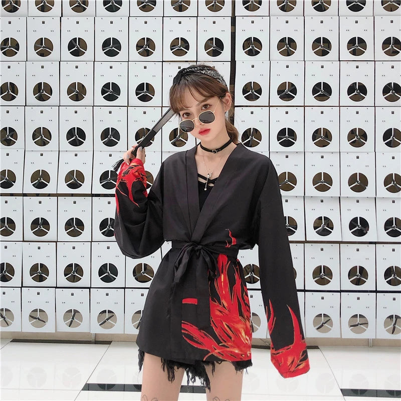 kawaiies-softtoys-plushies-kawaii-plush-Flaming Red Phoenix Black White Women's Kimono Cardigan Kimono 