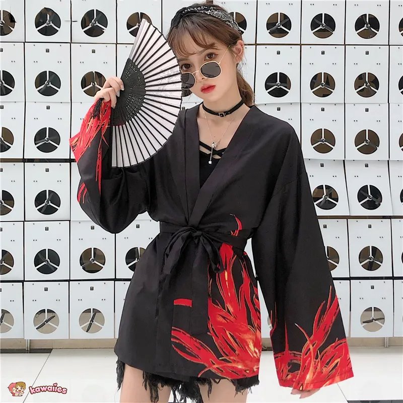 kawaiies-softtoys-plushies-kawaii-plush-Flaming Red Phoenix Black White Women's Kimono Cardigan Kimono 