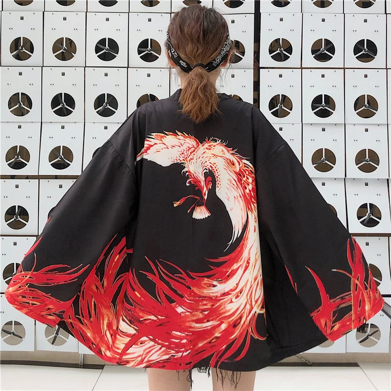 kawaiies-softtoys-plushies-kawaii-plush-Flaming Red Phoenix Black White Women's Kimono Cardigan Kimono Black 