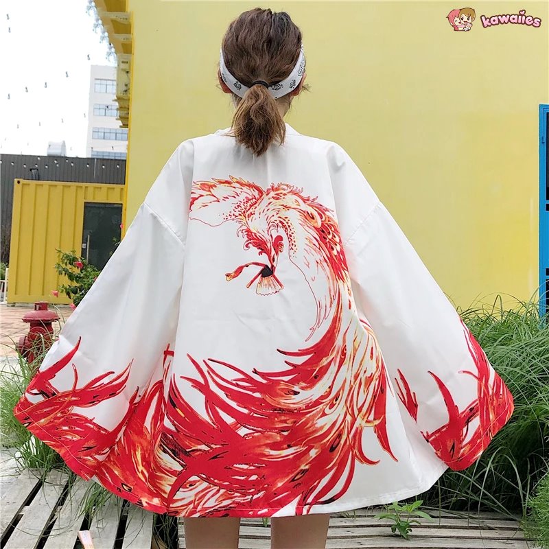 kawaiies-softtoys-plushies-kawaii-plush-Flaming Red Phoenix Black White Women's Kimono Cardigan Kimono White 