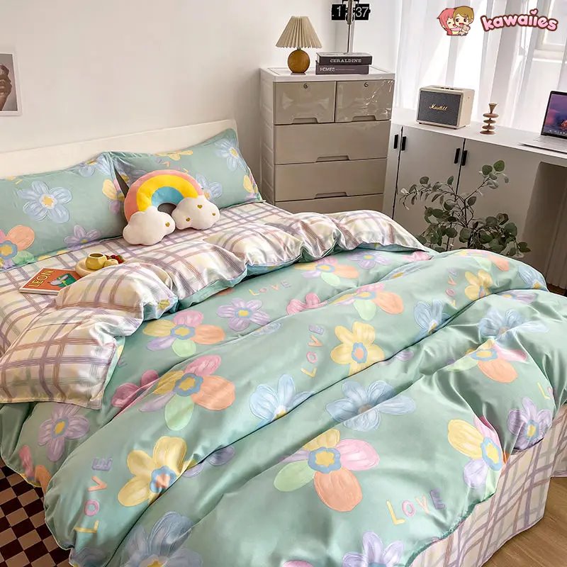 kawaiies-softtoys-plushies-kawaii-plush-Floral Illustrations Green Purple Bedding Sets Bedding Sets 