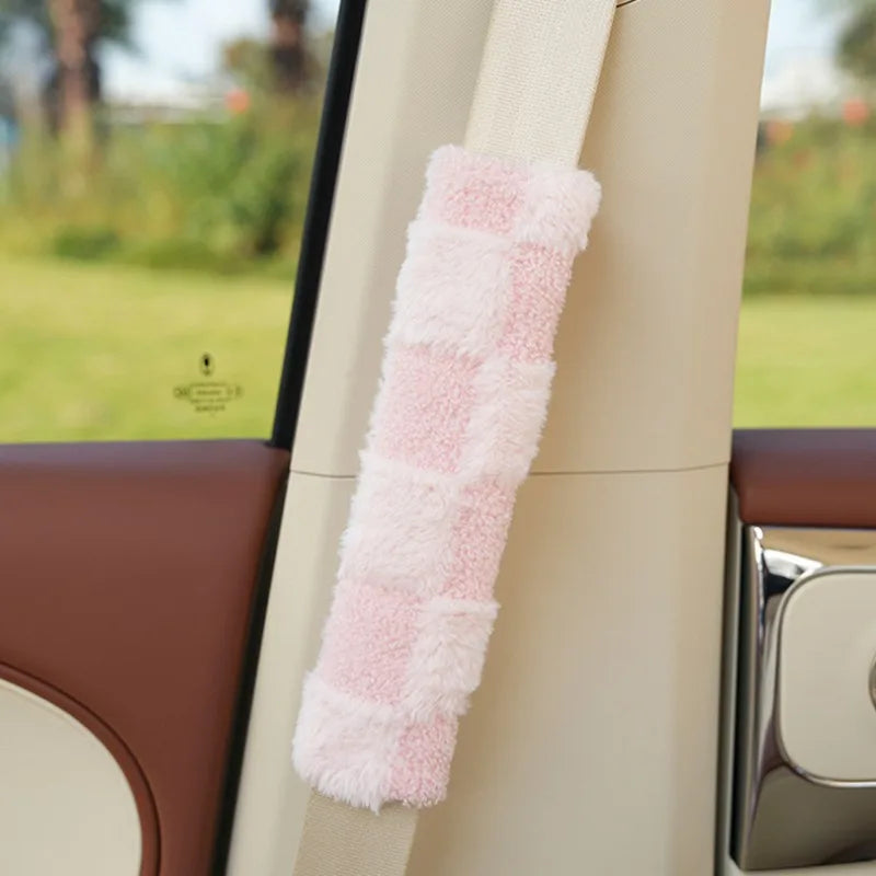 kawaiies-softtoys-plushies-kawaii-plush-Fluffy Checkered Plush Car Seat Belt Cover Shoulder Strap Accessory Car 