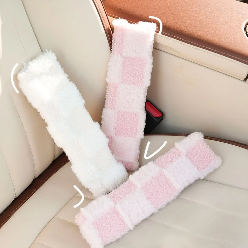 kawaiies-softtoys-plushies-kawaii-plush-Fluffy Checkered Plush Car Seat Belt Cover Shoulder Strap Accessory Car 