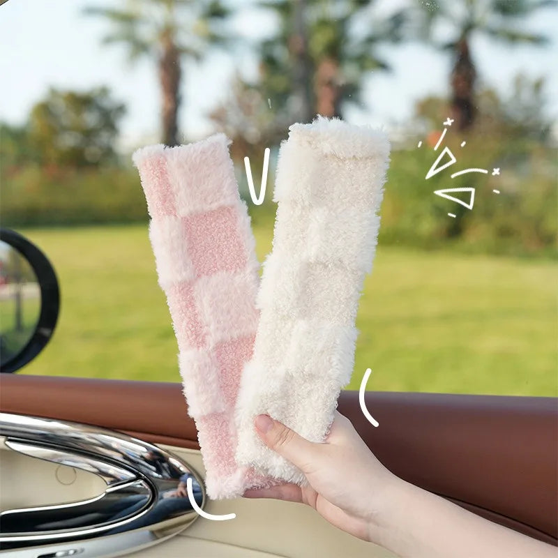 kawaiies-softtoys-plushies-kawaii-plush-Fluffy Checkered Plush Car Seat Belt Cover Shoulder Strap Accessory Car 