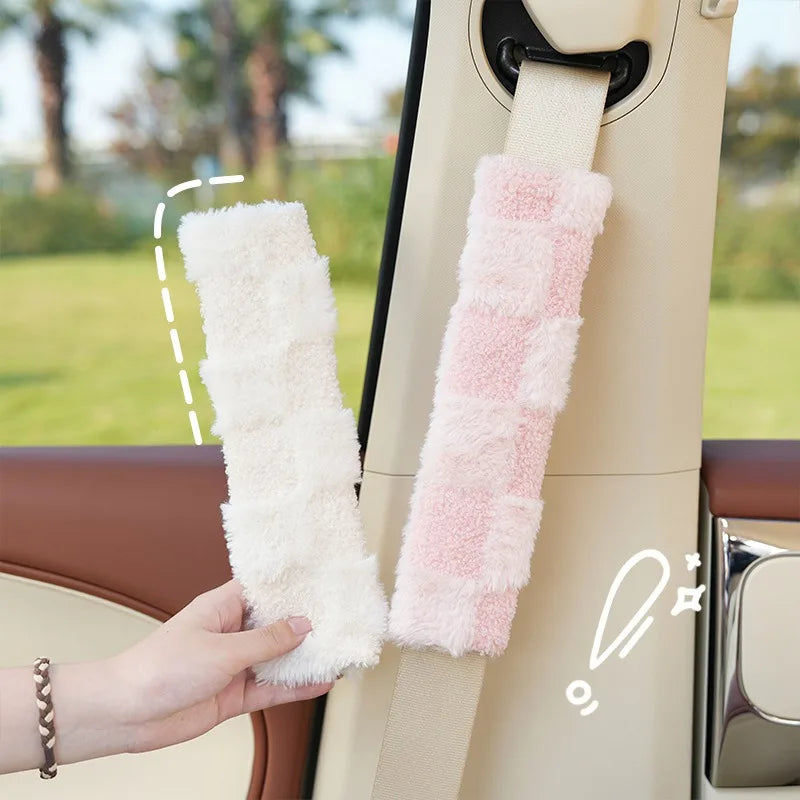 kawaiies-softtoys-plushies-kawaii-plush-Fluffy Checkered Plush Car Seat Belt Cover Shoulder Strap Accessory Car 