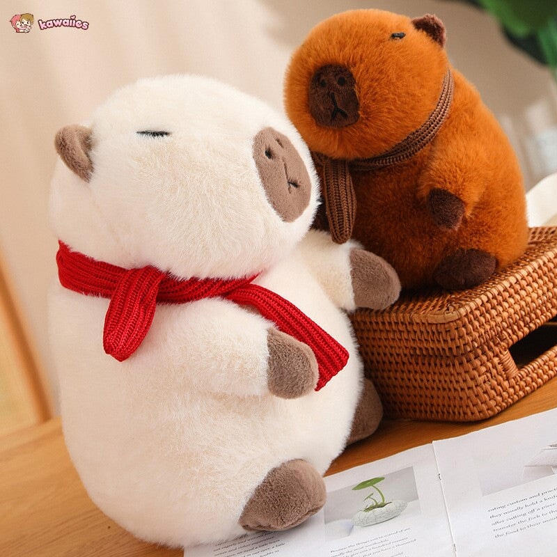 kawaiies-softtoys-plushies-kawaii-plush-Fluffy White Brown Capybara with Scarf Plushie Soft toy 