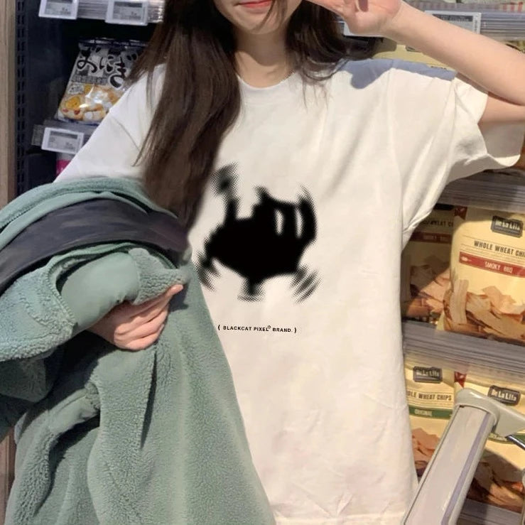 kawaiies-softtoys-plushies-kawaii-plush-Fuzzy Black Cat White Women's Tee Apparel 