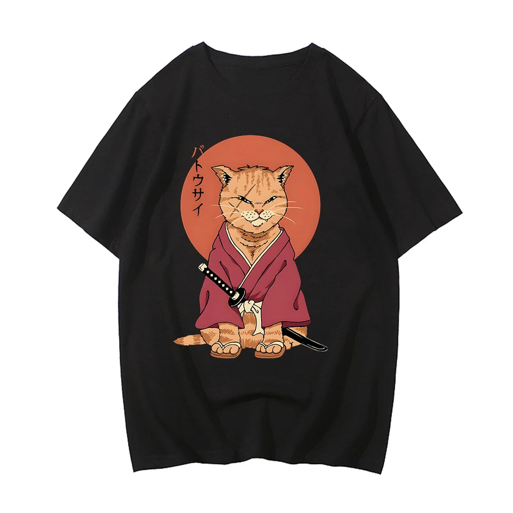 kawaiies-softtoys-plushies-kawaii-plush-Ginger Samurai Cat Sun Unisex Tee Apparel Black XS 