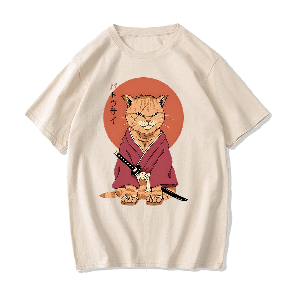 kawaiies-softtoys-plushies-kawaii-plush-Ginger Samurai Cat Sun Unisex Tee Apparel Cream XS 