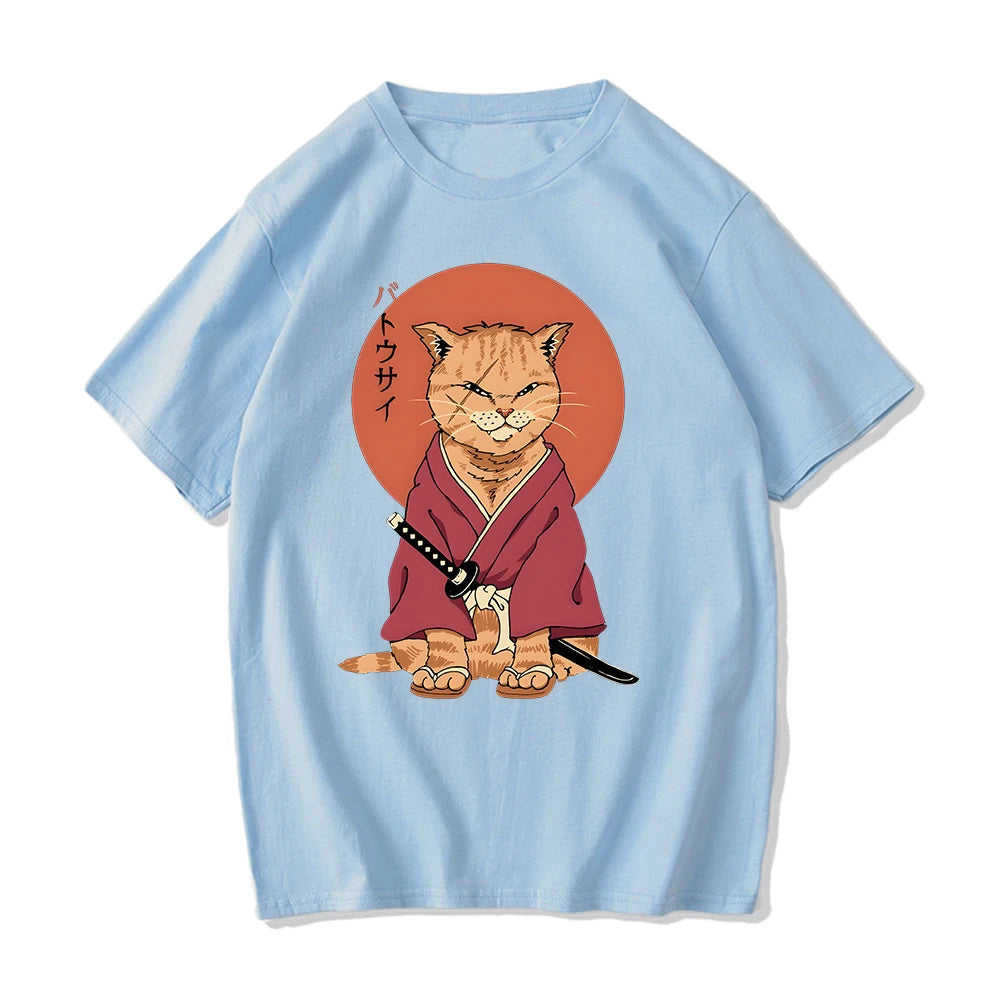 kawaiies-softtoys-plushies-kawaii-plush-Ginger Samurai Cat Sun Unisex Tee Apparel Light Blue XS 