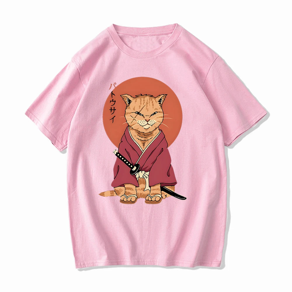 kawaiies-softtoys-plushies-kawaii-plush-Ginger Samurai Cat Sun Unisex Tee Apparel Pink XS 