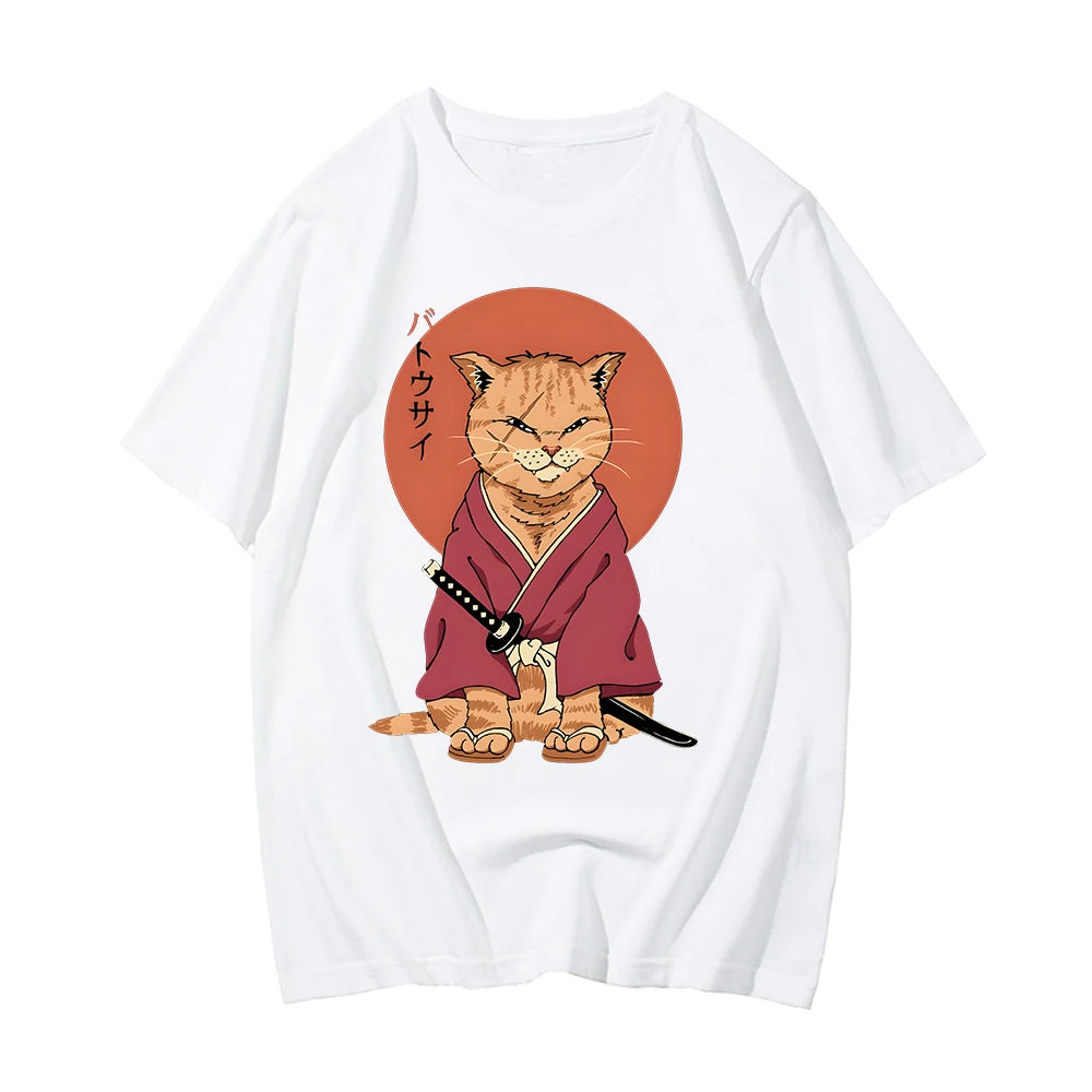 kawaiies-softtoys-plushies-kawaii-plush-Ginger Samurai Cat Sun Unisex Tee Apparel White XS 