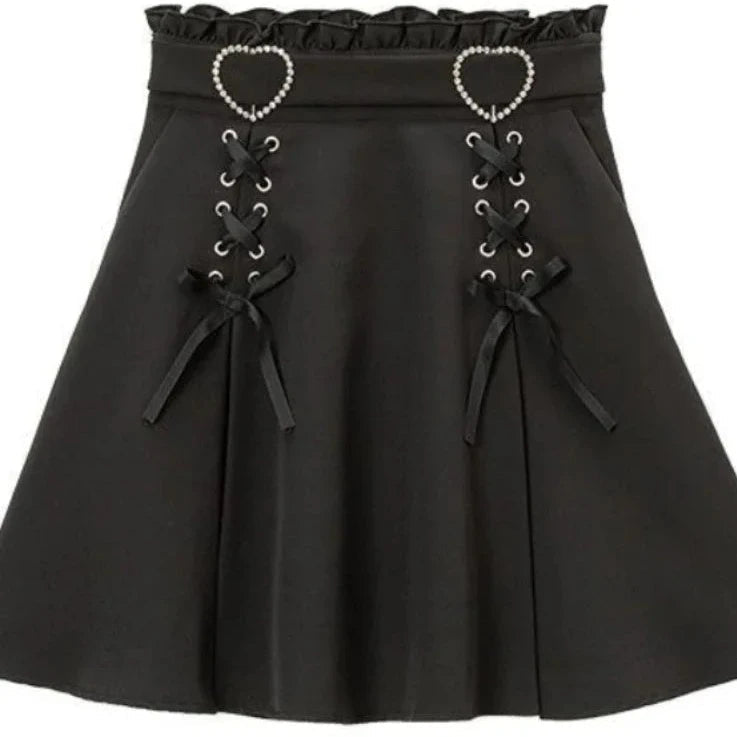 kawaiies-softtoys-plushies-kawaii-plush-Gothic Black Heart Bow High Waist Mini Skirt Apparel M 