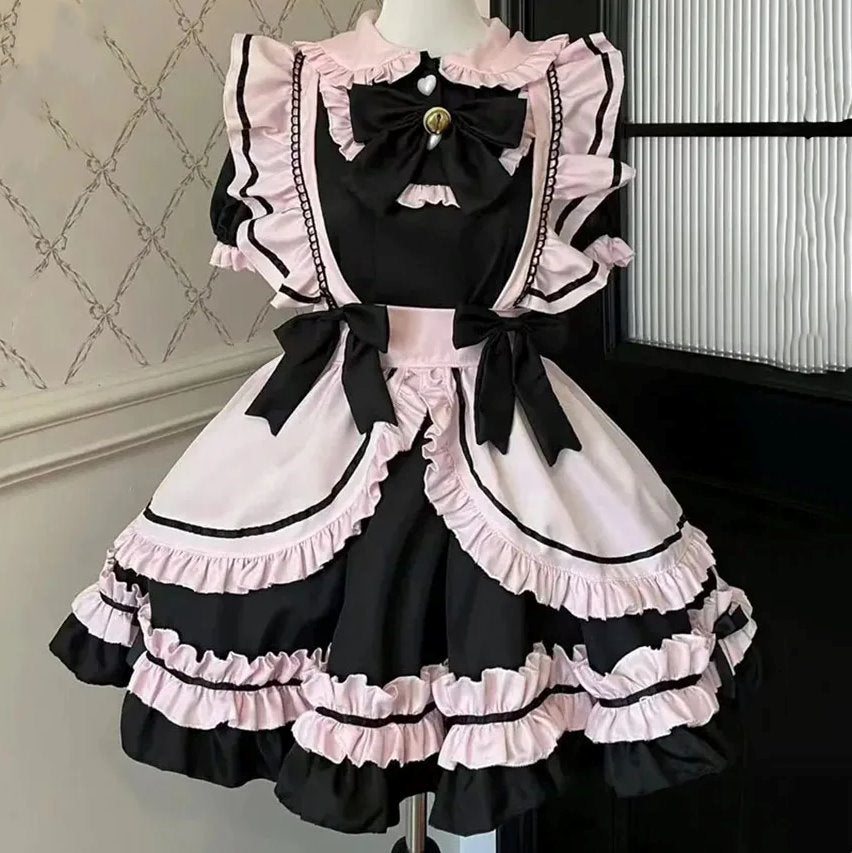 kawaiies-softtoys-plushies-kawaii-plush-Gothic Black Pink Sweet Lolita Women's Maid Dress Bowknots Apparel 