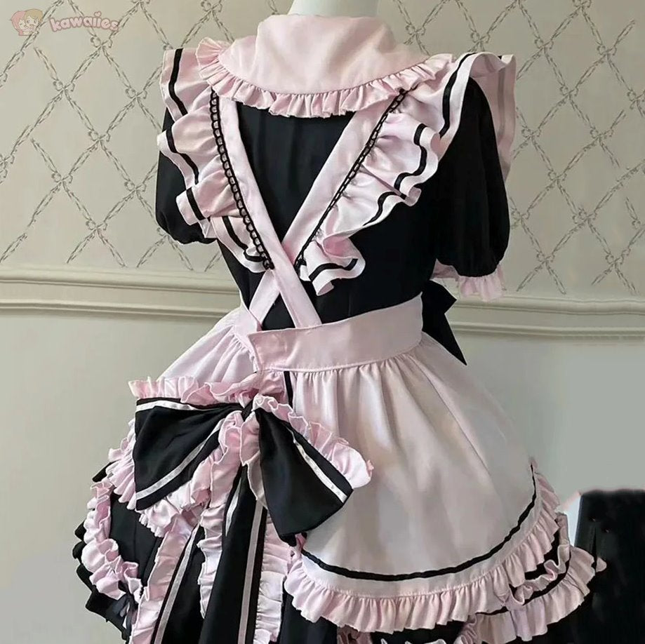 kawaiies-softtoys-plushies-kawaii-plush-Gothic Black Pink Sweet Lolita Women's Maid Dress Bowknots Apparel 