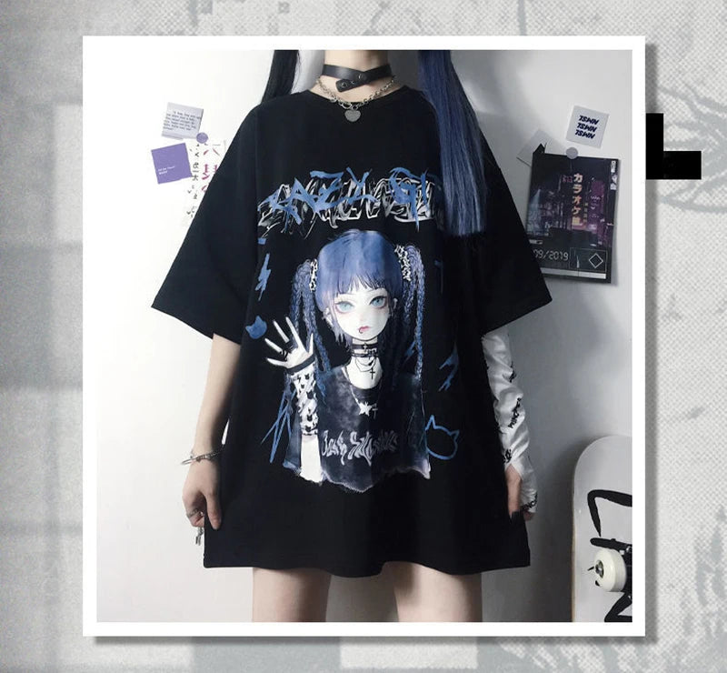 kawaiies-softtoys-plushies-kawaii-plush-Gothic Blue Hair Emo Anime Girl Women's Tee Apparel 