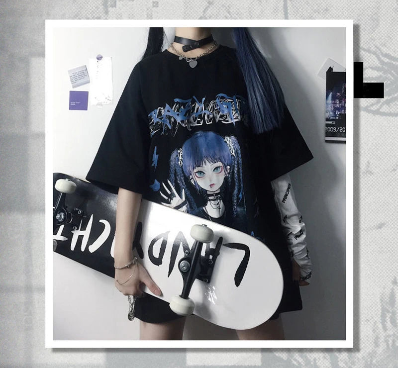 kawaiies-softtoys-plushies-kawaii-plush-Gothic Blue Hair Emo Anime Girl Women's Tee Apparel 