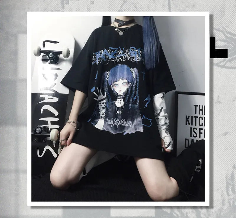 kawaiies-softtoys-plushies-kawaii-plush-Gothic Blue Hair Emo Anime Girl Women's Tee Apparel 