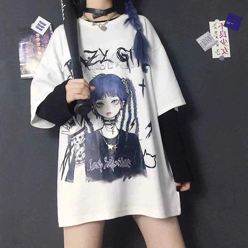 kawaiies-softtoys-plushies-kawaii-plush-Gothic Blue Hair Emo Anime Girl Women's Tee Apparel 