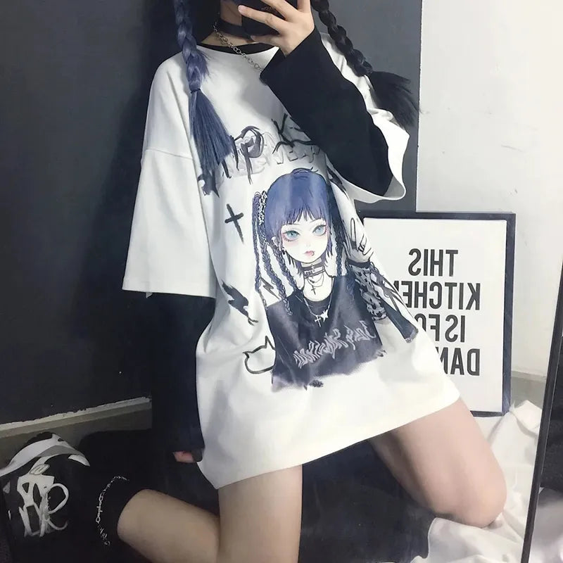 kawaiies-softtoys-plushies-kawaii-plush-Gothic Blue Hair Emo Anime Girl Women's Tee Apparel 