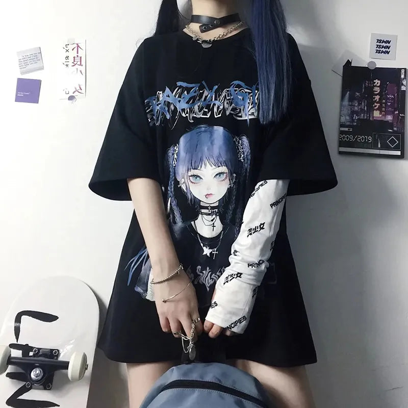 kawaiies-softtoys-plushies-kawaii-plush-Gothic Blue Hair Emo Anime Girl Women's Tee Apparel Black S 