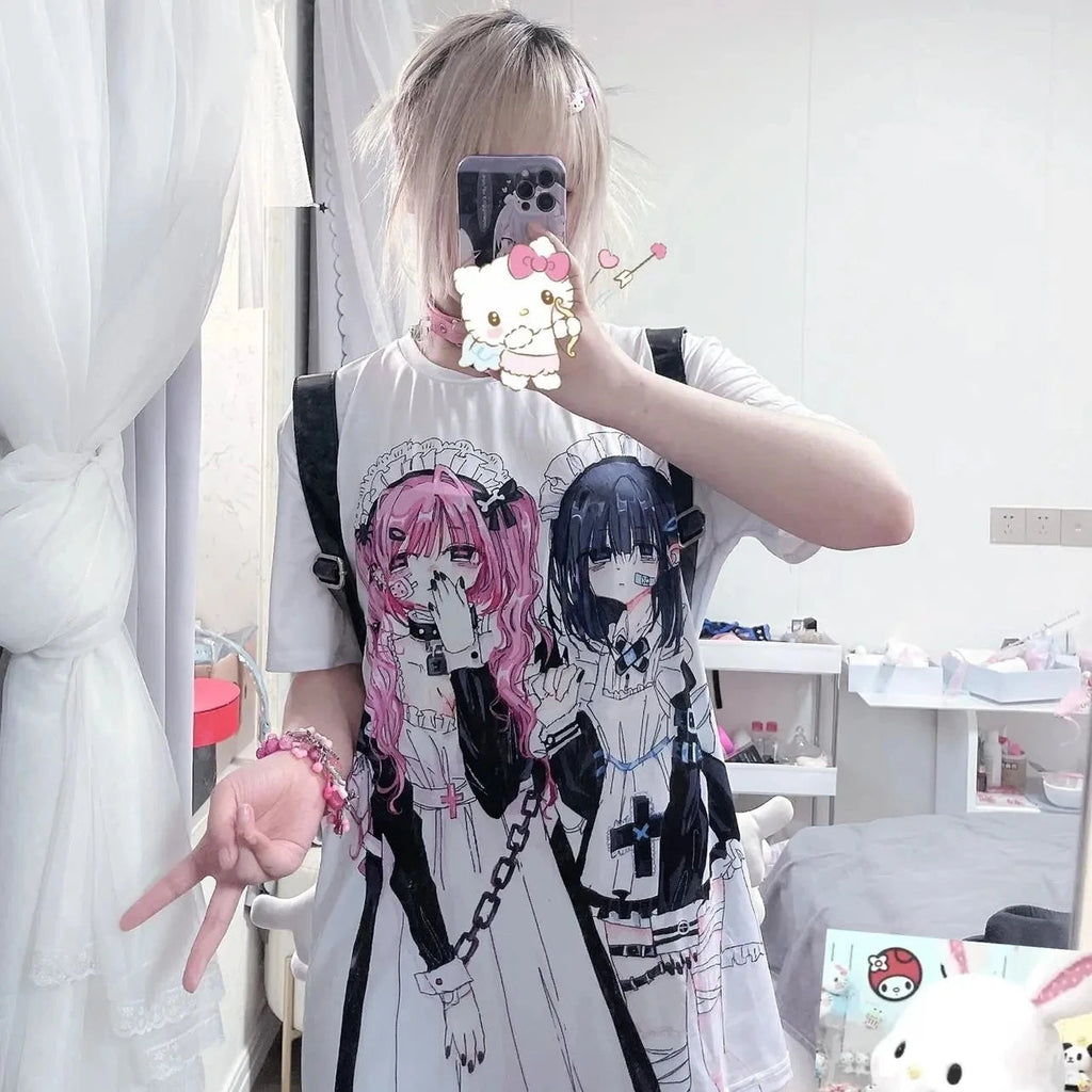 kawaiies-softtoys-plushies-kawaii-plush-Gothic Harajuku Two Girls Long White Women's Tee Apparel 