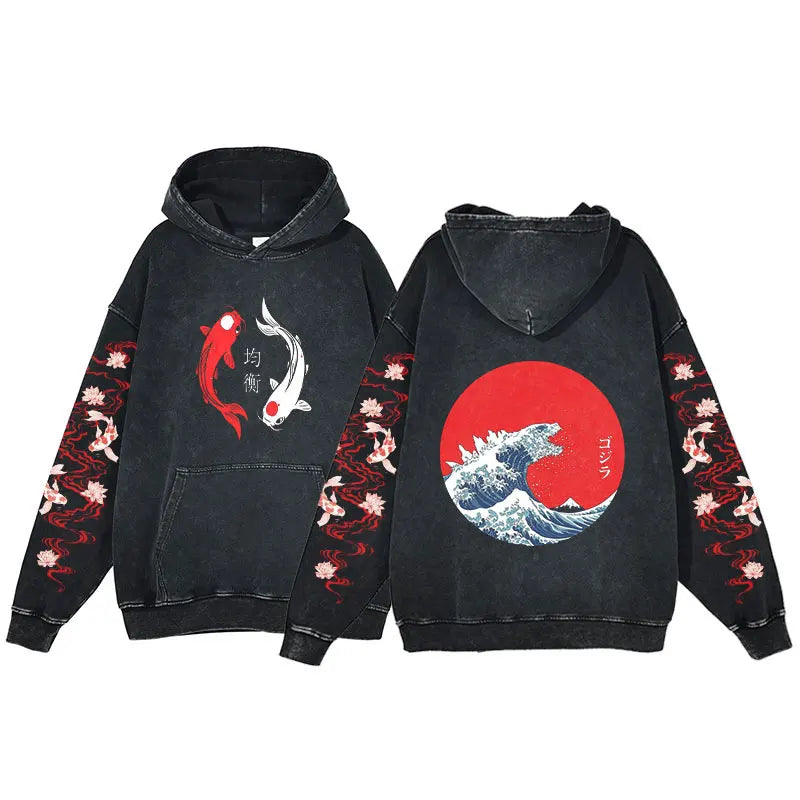 Great Wave off Kanagawa Fish Godzilla Vintage Style Unisex Hoodie Kawaiies