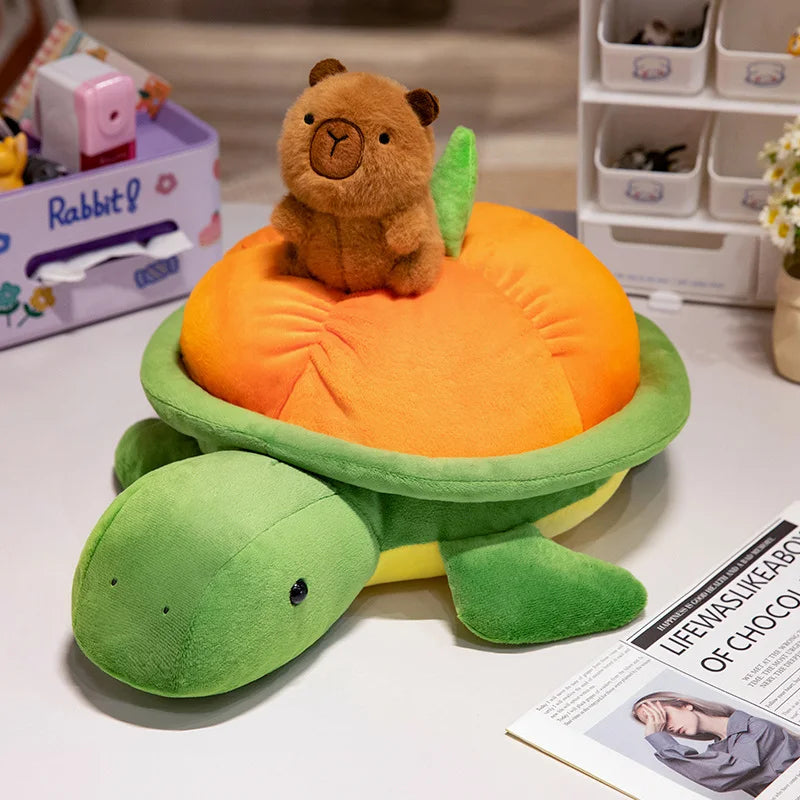 kawaiies-softtoys-plushies-kawaii-plush-Green Orange Turtle Plush Backpack Soft toy Turtle with Capybara Plushie 35cm 