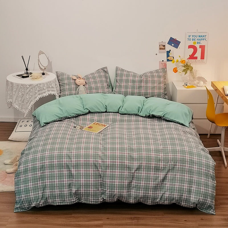 kawaiies-softtoys-plushies-kawaii-plush-Green Two-Tone Checked Plaid Bedding Set Bedding Sets 