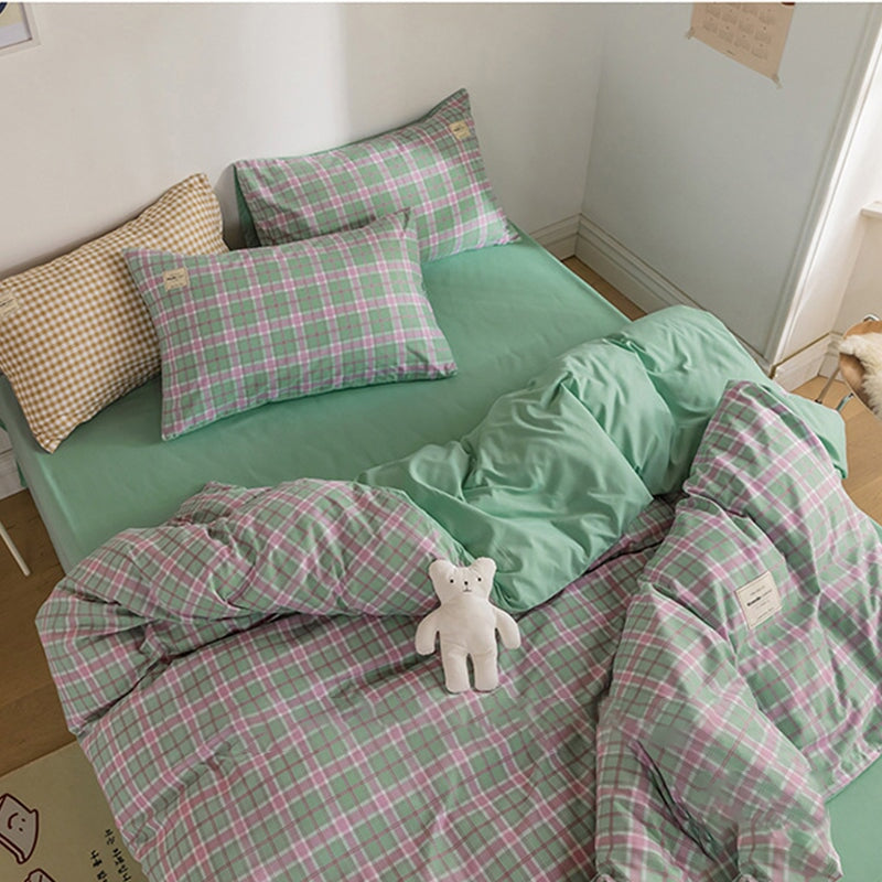 kawaiies-softtoys-plushies-kawaii-plush-Green Two-Tone Checked Plaid Bedding Set Bedding Sets 