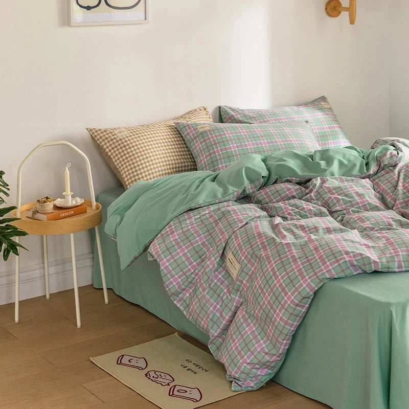 kawaiies-softtoys-plushies-kawaii-plush-Green Two-Tone Checked Plaid Bedding Set Bedding Sets 