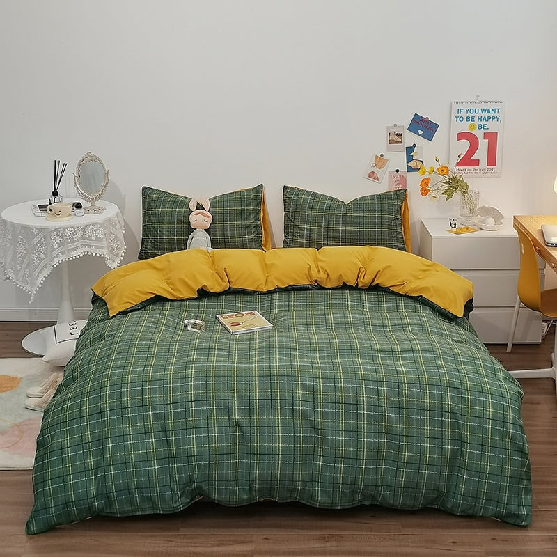 kawaiies-softtoys-plushies-kawaii-plush-Green Two-Tone Checked Plaid Bedding Set Bedding Sets 