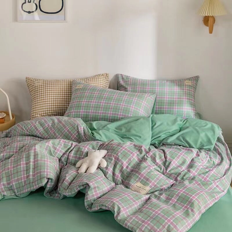 kawaiies-softtoys-plushies-kawaii-plush-Green Two-Tone Checked Plaid Bedding Set Bedding Sets 